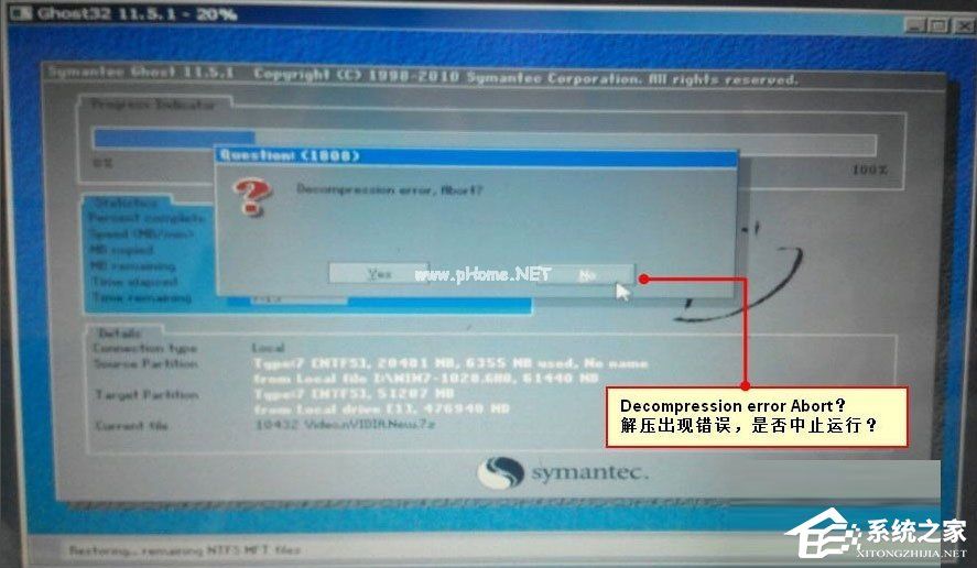 笔记本电脑重装系统提示Decompression  error  Abort怎么办？