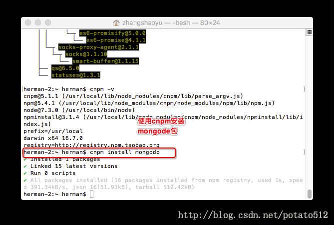 cnpm安装mongodb包