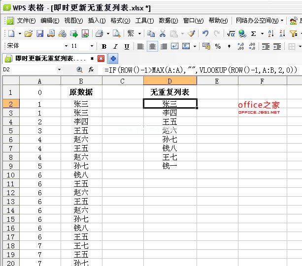 WPS表格自动提取无重复项