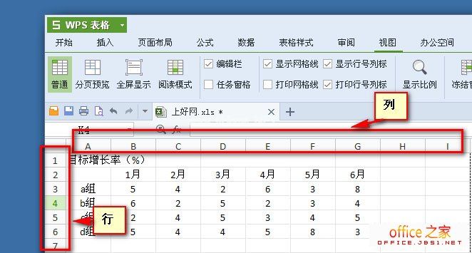 WPS2013表格的行号和列标