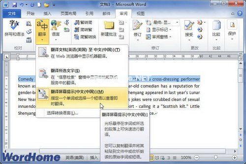 在Word2010中使用“翻译屏幕提示”翻译英文 三联