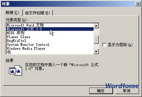  小提示：如果用户在Word2003的对象类型列表中无法找到Microsoft公式 3.0选项