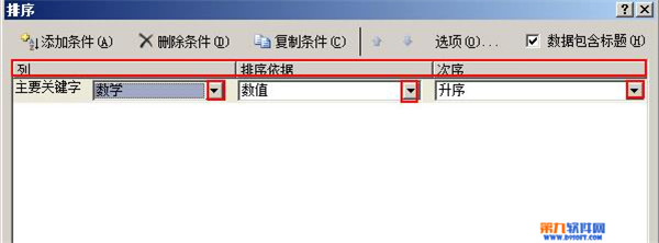 次序选项组下面选择升序然后点击确定例如这里我们选择数学这一列进行升序； 3、设置之后返回我们的工作表中